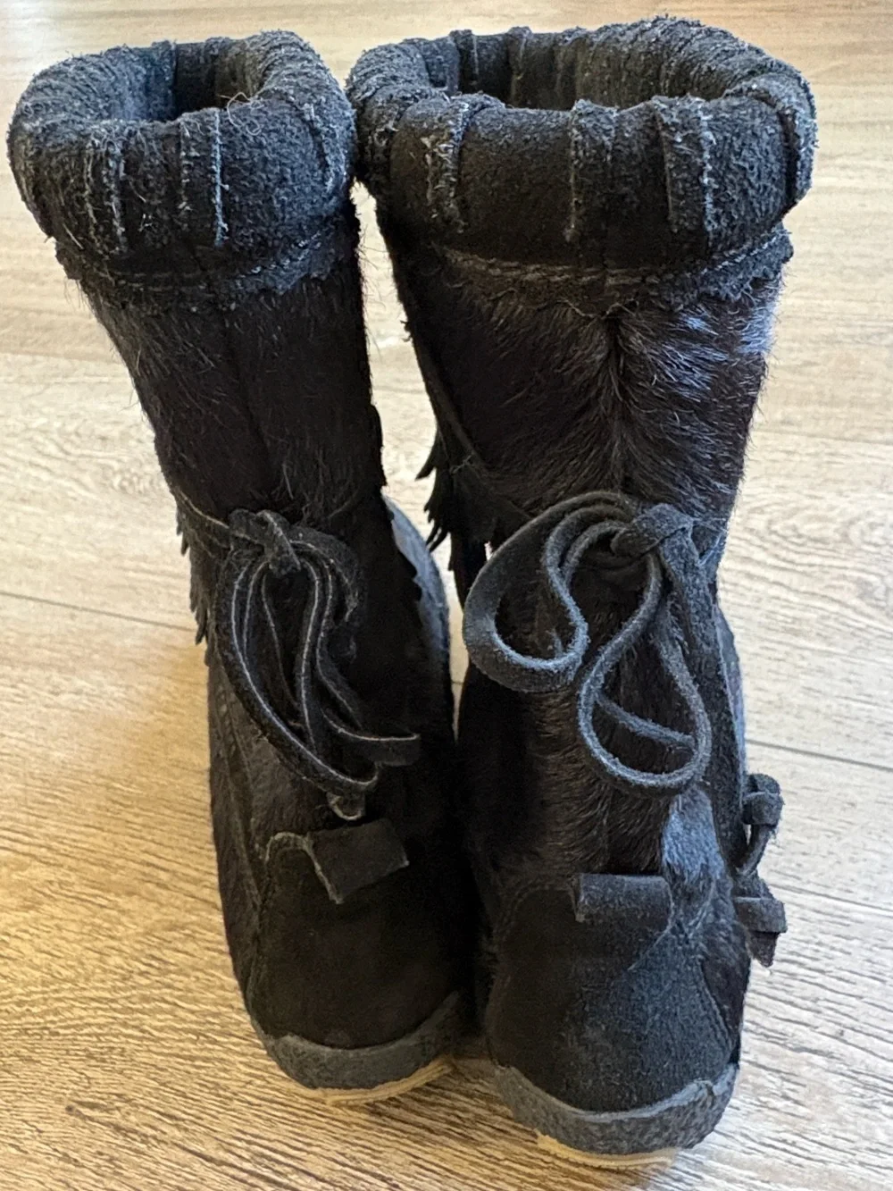 Tecnica Black Pony hair & Leather Fringe Winter Boots w Patterned Strap Details